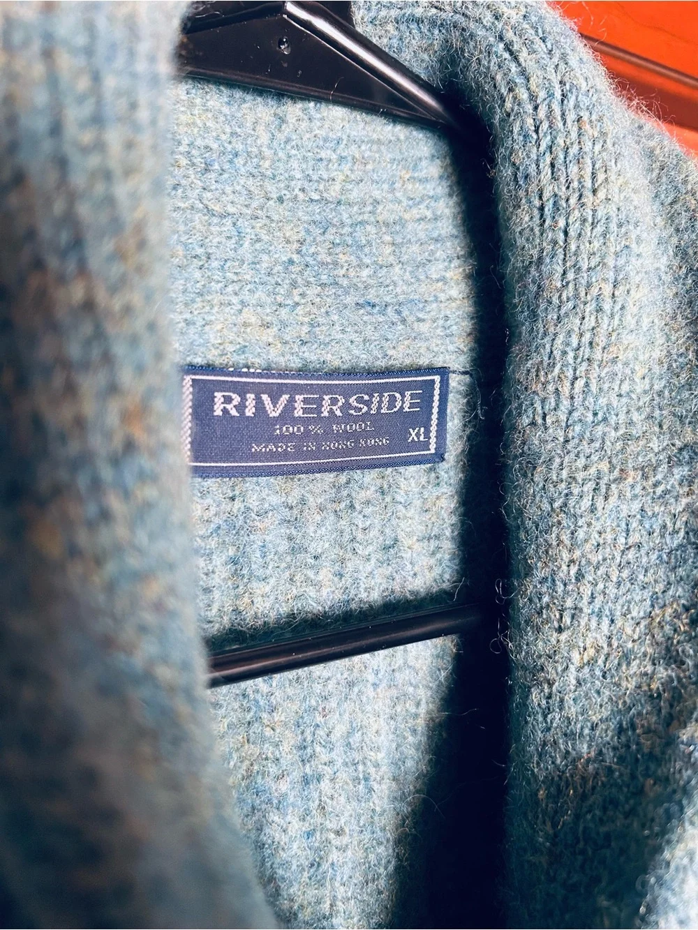 Vintage 80s 100% Wool Ribbed Shawl Collar Sweater Blue Marled XL